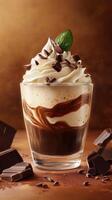 Delicious chocolate dessert with whipped cream and mint garnish on a wooden table photo