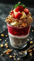 Delicious chia pudding topped with fresh strawberries, bananas, and granola in a glass cup on a dark surface photo