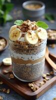 Delicious layered chia pudding with banana, yogurt, and granola served in a glass jar photo
