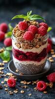 Delicious chia seed pudding layered with raspberry compote and topped with granola in a glass jar photo