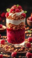 Delicious layered dessert featuring fresh raspberries, granola, and whipped cream in an elegant glass serving photo