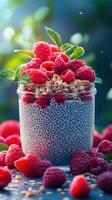 Chia seed pudding topped with fresh raspberries and mint, served in a glass jar with a natural setting photo