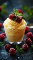 Delicious dessert featuring creamy mango mousse topped with fresh raspberries and mint leaves photo