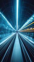 Fast train traveling through a futuristic underground tunnel illuminated with vibrant blue light photo