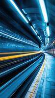 Dynamic view of a glowing subway tunnel showcasing rapid transit motion photo