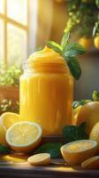 Vibrant lemon curd in a jar surrounded by fresh lemons and mint leaves in a sunlit kitchen photo