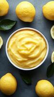 Creamy lemon curd surrounded by fresh lemons on a gray surface highlighting its rich color and texture photo