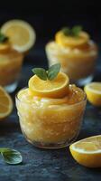 Delicious lemon sorbet served in elegant glass cups garnished with fresh lemon slices and mint leaves photo
