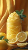 Creamy lemon sorbet topped with fresh mint and surrounded by vibrant lemons in a warm light photo