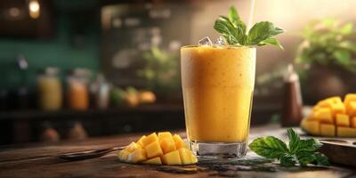 Refreshing mango smoothie with mint and fresh fruit on a wooden table in a cozy cafe setting during the golden hour photo