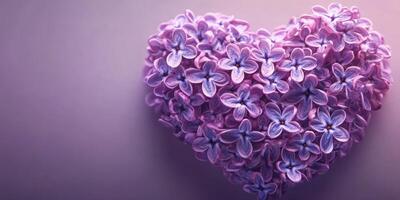 Heart-shaped arrangement of delicate purple flowers on a soft gradient background photo