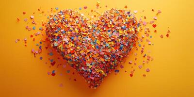 Colorful heart shape made of confetti on vibrant yellow background for festive celebrations and events photo
