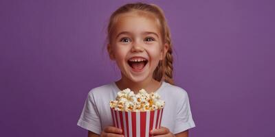 Young girl enjoys popcorn while smiling against a purple background in a playful setting photo
