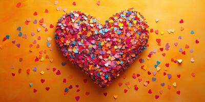 Colorful heart made of paper confetti on a vibrant orange background expressing love and celebration photo