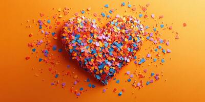 Colorful heart made of confetti on vibrant orange background for celebration or decoration photo
