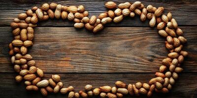 Peanuts arranged in a heart shape on rustic wooden surface for a creative food display photo