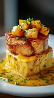 Delicious pork chop served on grilled pineapple with mango salsa in an elegant restaurant setting photo