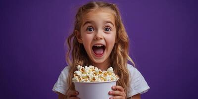 Child enjoys a large bowl of popcorn with excitement against a purple background during a fun movie night photo
