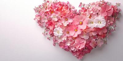 Floral arrangement shaped like a heart with various pink flowers on a white background photo