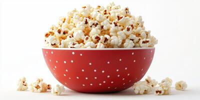 Freshly popped popcorn served in a red polka dot bowl on a clean table with scattered kernels nearby photo