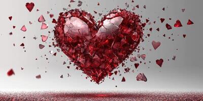 Shattered hearts create a beautiful pattern in dynamic red against a soft gray background photo