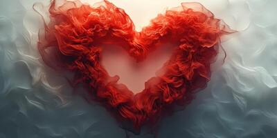 Creative artwork featuring a textured heart shape made of flowing red fabric against a soft background photo