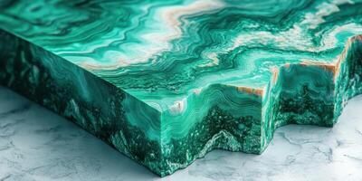 Stunning malachite quartz slab showcasing vibrant green hues and intricate patterns in a well-lit environment photo