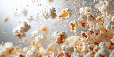 Popcorn kernels bursting into fluffy snacks in a lively and dynamic setting photo