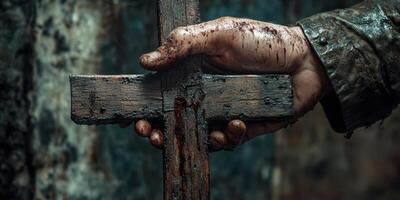 Hand holding a weathered wooden cross, stained and worn, symbolizing faith through struggle in a dimly lit environment photo