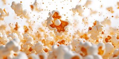 Popcorn kernels burst and scatter in an exciting display of texture and color in a bright, minimalist setting photo