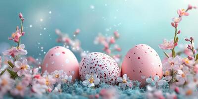 Colorful Easter eggs among delicate pink blossoms in a spring arrangement photo