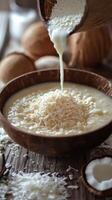 Creamy coconut pudding recipe preparation with fresh ingredients in rustic kitchen setting photo