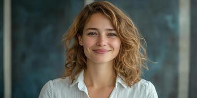 Smiling young woman with curly hair poses confidently in a modern indoor setting during daylight hours photo