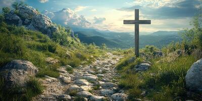 Pathway through rocky terrain with wooden cross under a serene sky at sunset in a peaceful landscape photo