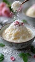 Creamy coconut dessert topped with raspberry and shredded coconut in a beautiful bowl photo