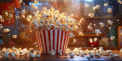 Delicious popcorn bursting from a striped container in a cozy kitchen during a movie night photo