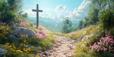 Cross stands amidst vibrant wildflowers on a peaceful mountain path under a clear blue sky photo