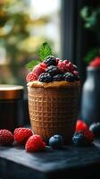 Delicious dessert with colorful berries in a waffle cup on a dark surface and natural light photo