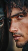 Close interaction between a man and a horse captured in a serene setting during golden hour photo