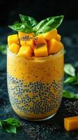 Delicious mango chia pudding topped with fresh mango cubes and basil on a dark textured surface photo