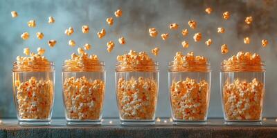 Popcorn leaps from jars in a dynamic sequence showcasing freshness and fun in a cozy kitchen setting photo