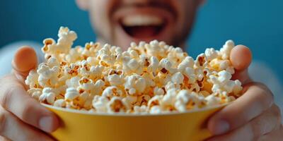 Enjoying a large bowl of freshly popped popcorn at home during a movie night with friends photo