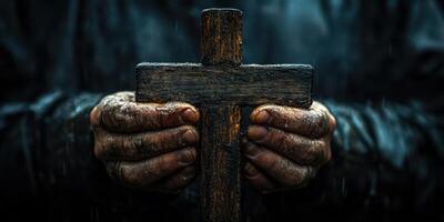 Hands holding a weathered wooden cross under rain showcasing faith and hope in a challenging moment photo