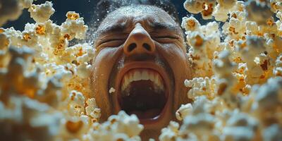Man screams with joy surrounded by popcorn during a lively movie night celebration at home in the evening photo