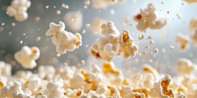 Popcorn kernels burst open in a dynamic display of fluffy snack pieces against a soft background photo