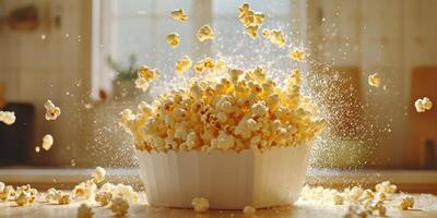 Popcorn erupts from bowl while preparing for a movie night at home with friends in a cozy living space photo