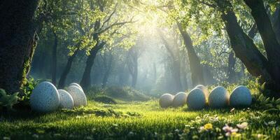 Enchanted forest with large speckled eggs resting peacefully in the serene green meadow at dawn photo