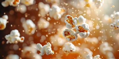 Popcorn kernels bursting in midair with golden light creating a festive and dynamic atmosphere photo