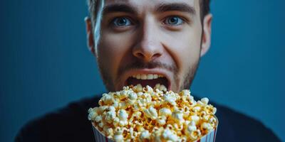 Young man excitedly eats popcorn while enjoying a movie at home during the evening with blue lighting photo