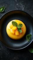 Delicious mango dessert topped with fresh mint leaves on a black plate photo
